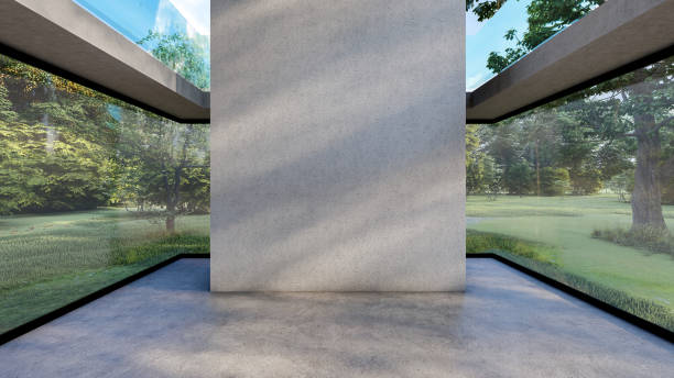 istock Empty cement hall room interior with empty wall in clear glass building with garden view, 3d rendering 1397167396