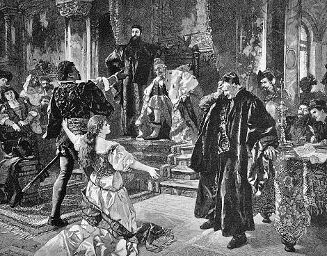 Othello, the Moor of Venice is a tragedy by William Shakespeare. The work is about the dark-skinned general Othello, who, out of exaggerated jealousy promoted by the schemer Iago, kills his beloved wife Desdemona and then himself. Illustration from 19th century.