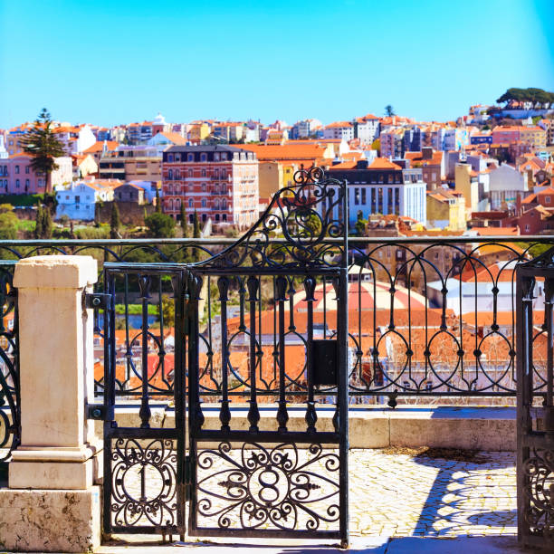 Lisbon, Portugal panoramic aerial view point with door open