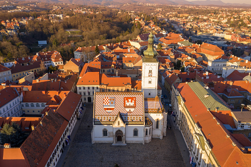 The Church of St. Mark is the parish church of old Zagreb, Croatia in St. Mark's Square. On the roof, tiles are laid so that they represent the coat of arms of Zagreb and Triune Kingdom of Croatia