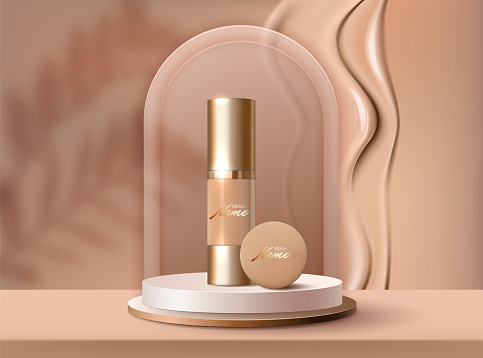 Round stage for the presentation of beauty products, foundation, BB. Cylindrical podium with a drop shadow from the leaves