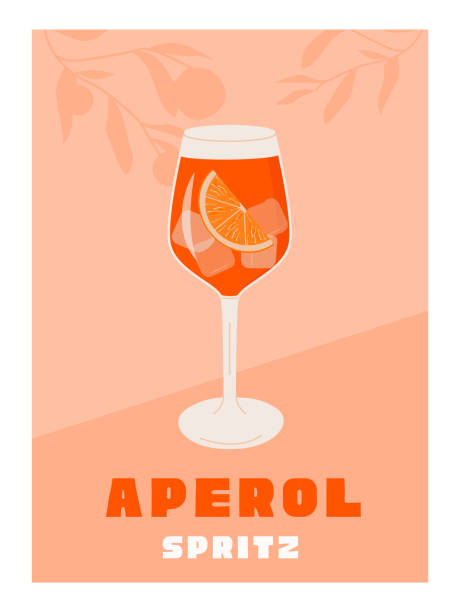 Campari Spritz Cocktail in glass with ice and slice of orange. Summer Italian aperitif retro poster. Wall art with alcoholic beverage decorated with orange wedges and citrus tree on background. Vector Campari Spritz Cocktail in glass with ice and slice of orange. Summer Italian aperitif retro minimal poster. Wall art home decor print with alcoholic beverage. Vector illustration cocktail patterns stock illustrations