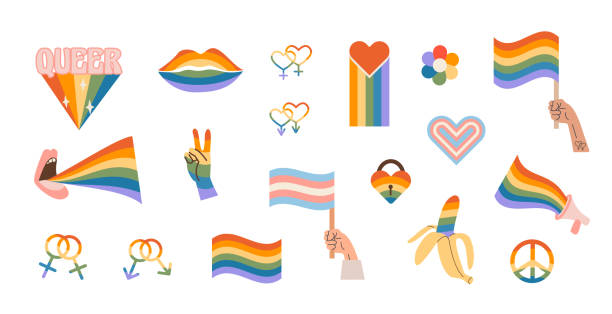Vector set of LGBTQ community symbols with pride flags, gender signs, retro rainbow colored elements. Pride month stickers. Gay parade groovy celebration. LGBT flat style icons and slogan collection. Vector set of LGBTQ community flat style icons and graphic elements. Pride flags, gender signs, retro rainbow colored queer symbols. Pride month stickers. Gay parade groovy celebration. Illustration pride flag icon stock illustrations