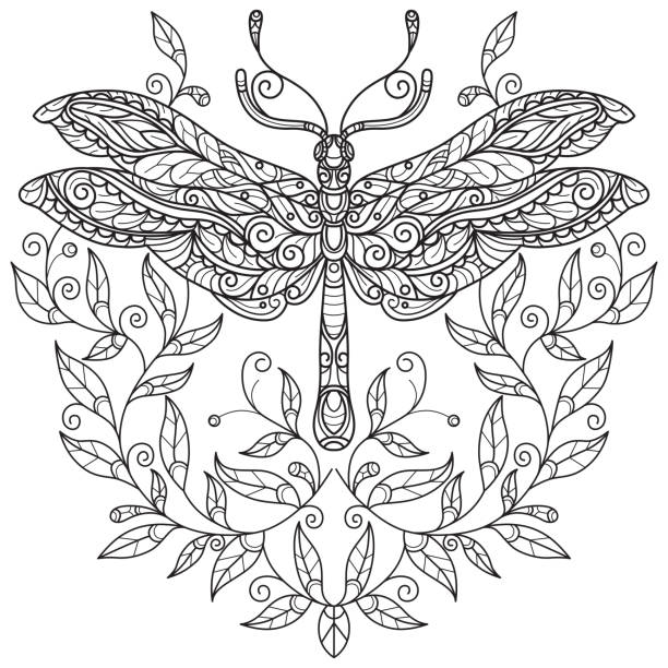 Dragonfly and leaf hand drawn for adult coloring book Hand drawn sketch illustration for adult coloring book vector was made in eps 10. dragonfly tattoo stock illustrations