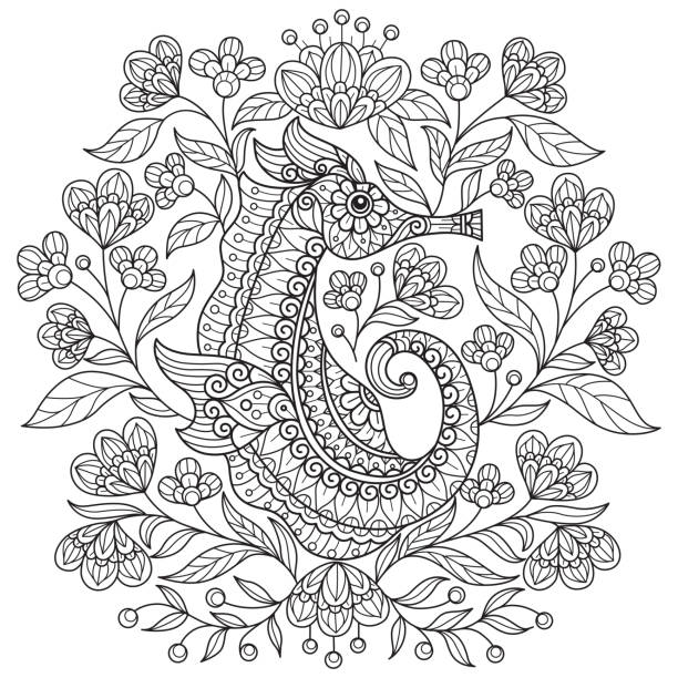 Sea Horse and flowers hand drawn for adult coloring book Hand drawn sketch illustration for adult coloring book vector was made in eps 10. mandala stock illustrations