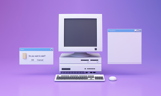 Fondo estético abstracto con ventanas de mensajes del sistema de estilo de los años 90, computadora antigua vintage, mouse, teclado, ventana de mensajes del sistema de iconos emergentes en degradado rosa y púrpura estilo y2k realista renderizado 3D photo