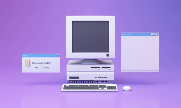Abstract aesthetic background with 90s style system message windows, old vintage computer, mouse, keyboard, pop up icon system message window on pink and purple gradient y2k style realistic 3d render fondo estético abstracto con ventanas de mensajes del sistema de estilo de los años 90, computadora antigua vintage, mouse, teclado, ventana de mensajes del sistema de iconos emergentes en degradado rosa y púrpura estilo y2k realista renderizado 3d