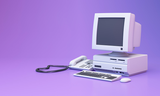 Abstract aesthetic background with 90s style system message windows, old vintage computer, mouse, keyboard, pop up icon system message window on pink and purple gradient y2k style realistic 3d render