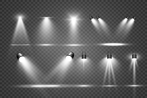 Collection of stage lighting, catwalk or platform, transparent effects. Bright lighting with spotlights. Light effect. Projector.