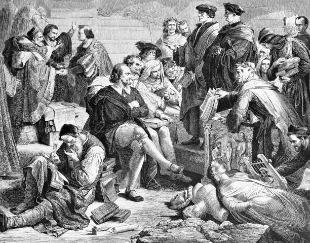 Age of Reformation, the Humanists sitting together in thoughts and discussions Humanism is based on the educational ideal of Ancient Greek thinking and acting in the awareness of human dignity; striving for humanity. Illustration from 19th century. spiritual enlightenment stock illustrations
