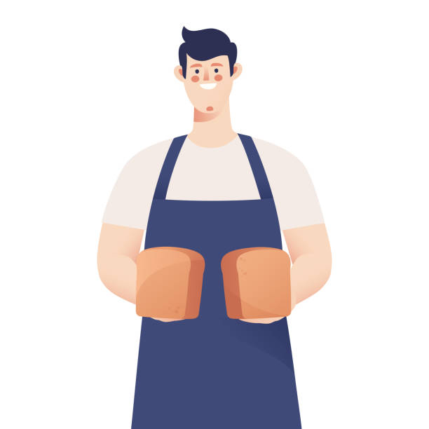 パン斤を持つ男性のパン屋の肖像画。ベクターイラストレーション - baker bakery chef bread点のイラスト素材／クリップアート素材／マンガ素材／アイコン素材