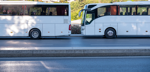 City sightseeing buses parked by the roadside, front view