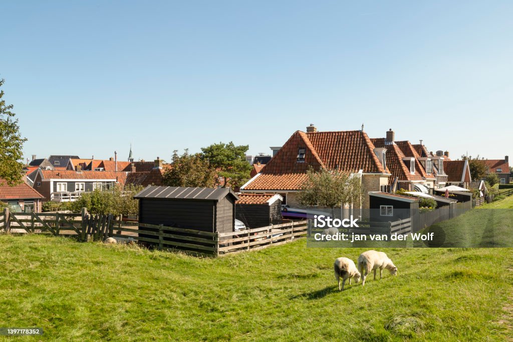 Village view of the picturesque Frisian town of Makkum. Village view of the picturesque Frisian town of Makkum on the IJsselmeer in the Netherlands. Agricultural Field Stock Photo