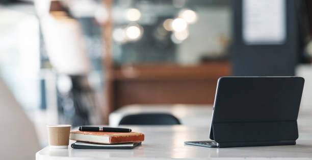 istock Contemporary business workspace, Workspace digital tablet computer on office desk. Blurred background. 1397178688