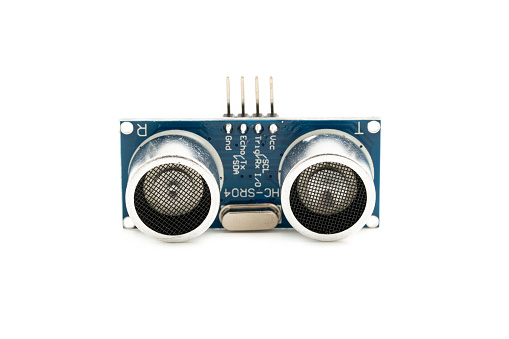 Ultrasonic distance sensor electronic module isolated on the white background.