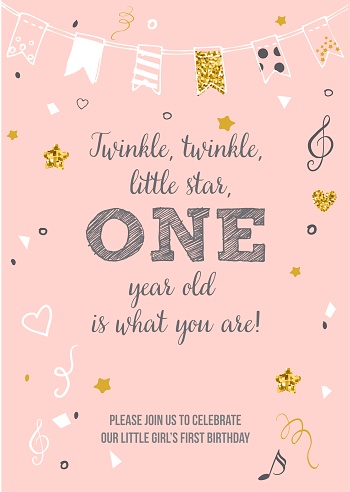Twinkle, Twinkle, Little Star, Girl's First Birthday One Year Party Printable Invitation Card