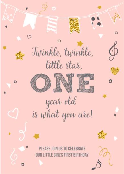 Girl's First Birthday One Year Card Twinkle, Twinkle, Little Star, Girl's First Birthday One Year Party Printable Invitation Card over the hill birthday stock illustrations
