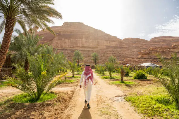 Full length rear view of Middle Eastern man in traditional clothing following dirt road to farming area beneath sandstone cliffs in Hijaz Region.