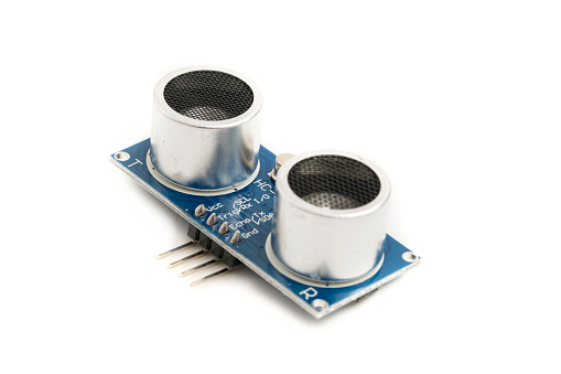 Ultrasonic distance sensor electronic module isolated on the white background.