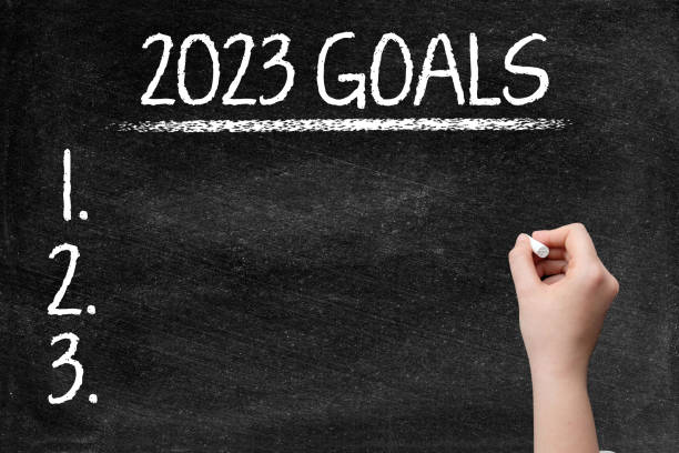 istock 2023 Goals on blackboard with woman hand 1397180785