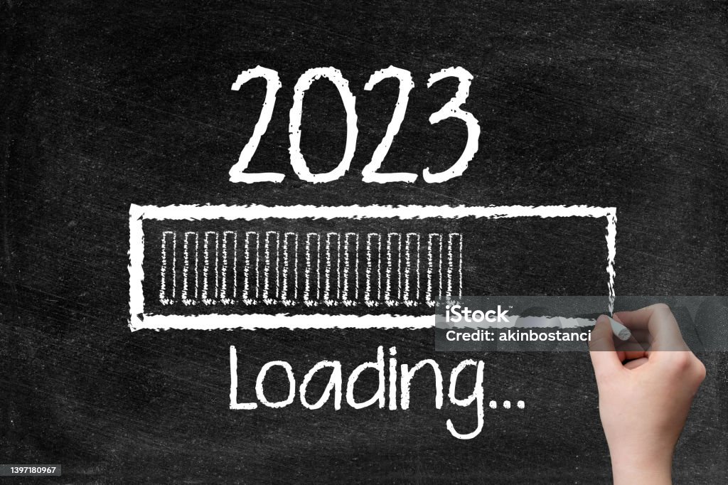 Loading Blackboard New Loading New Year 2023 On Blackboard With Woman Hand Stock Photo ...
