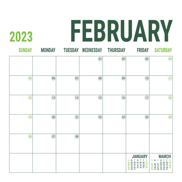 luty. planista 2023 rok. angielski szablon kalendarza wektorowego kwadratu. minimalistyczny design. tydzień rozpoczyna się w niedzielę - february stock illustrations