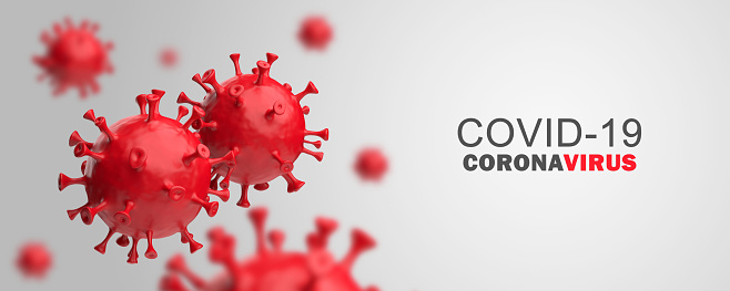 Covid-19 3D rendering. Realistic Covid red on a gray background. Horizontal banner, poster, website header.