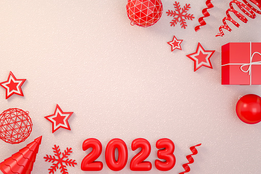 2023 New year, white snow background, red and white colors,  3d rendering Christmas and new year ornaments.