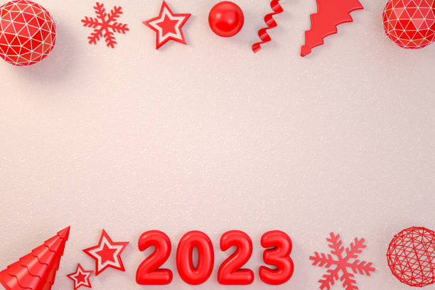 istock 2023 New Year, Christmas Ornaments on White Snow Background 1397182769