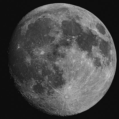 Close up image of waxing moon in the Northern Hemisphere as seen from a private observatory in central Europe