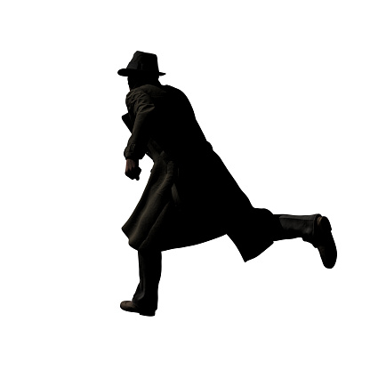 Woman in black hat and coat silhouette. Noir style.