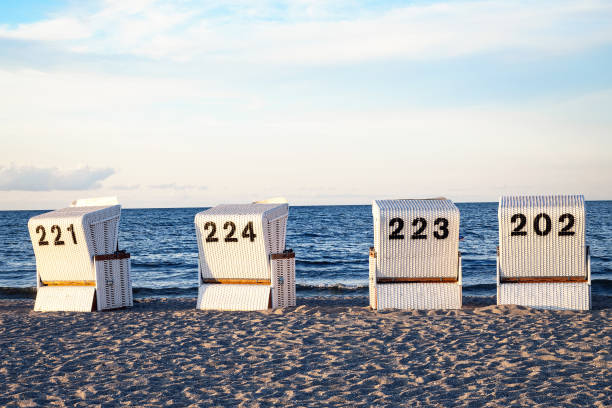 Four beach chairs on a sandy beach. stock photo