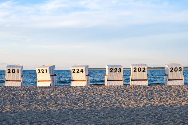 Six beach chairs on a sandy beach. stock photo