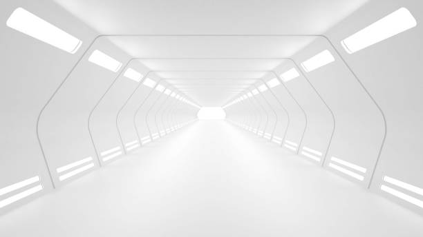 istock Long futuristic tunnel with white light in the end. 3D rendered background. 1397186669