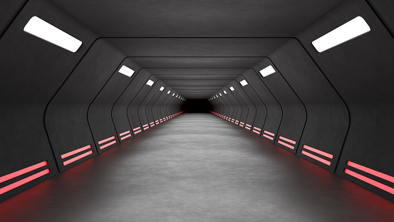 Long futuristic tunnel with dark in the end. Space station background. 3D rendered image