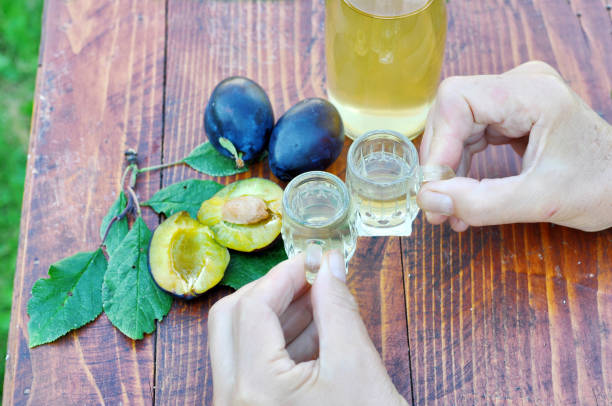 Human hand pouring a well-known brandy rakia A well-known brandy rakia slivovitz in shot glasses with plums on wooden table in orchard. Traditional Serbian brand alcoholic drink of organic production.Human hand pouring a well-known brandy rakia serbian raki stock pictures, royalty-free photos & images