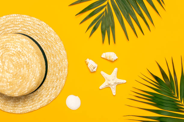 istock Women s summer straw hat, tropical palm leaves, monstera leaf, shells, starfish on yellow background top view flat lay copy space. Summer travel vacation concept. Female accessory, summer 1397187807