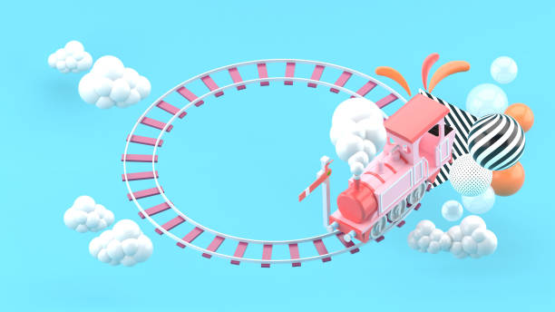 istock Train on a circular track surrounded by clouds and colorful balls on a blue background.-3d rendering.