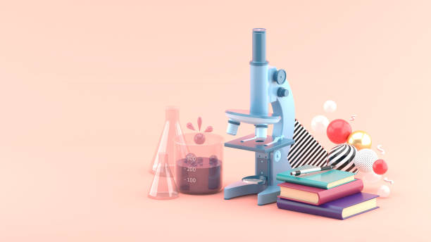 Microscopes, books and test tubes amidst colorful balls on a pink background.-3d rendering."n stock photo