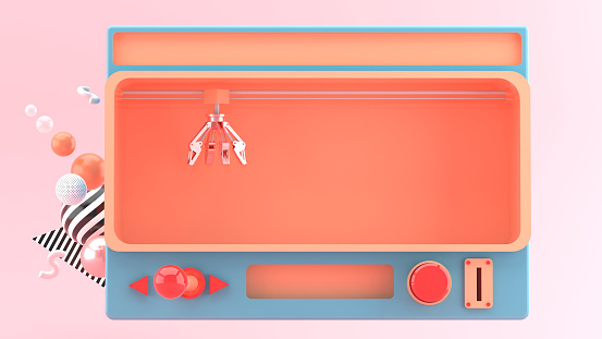 Crane Claw Machine Games Isolated on pink background. 3D rendering