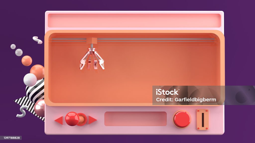 Crane Claw Machine Games Isolated on purple background. 3D rendering Mechanical Grabber Stock Photo
