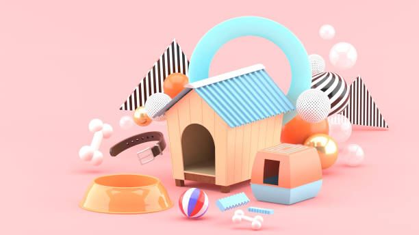 The dog house is surrounded by a dog food bowl, ball, bones and collar, surrounded by colorful balls on a pink background.-3d rendering."n stock photo
