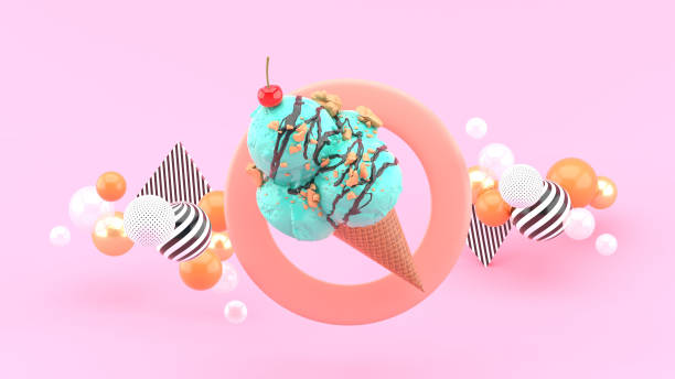 istock Ice cream cone in a circle surrounded by colorful balls on a pink background.-3d rendering.