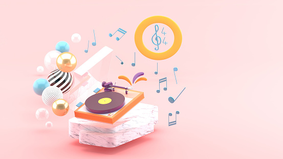 vinyl player surrounded by musical notes and colorful balls on a pink background.-3d rendering.