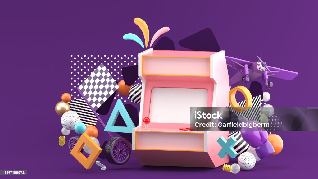 Game cabinet surrounded by wheels, boxing gloves And aircraft On a purple background.-3d rendering."n Gamer Stock Photo