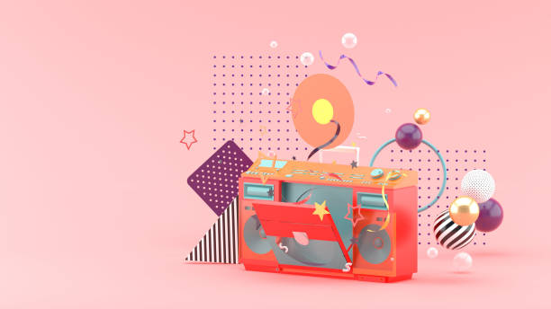 istock Radio and record among colorful balls on a pink background.-3d rendering.