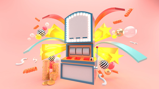 Slot machines, ribbons and coins amidst colorful balls on a pink background.-3d rendering.