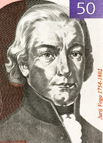 Jurij Vega (1754-1802) on 50 Tolarjev 1992 Banknote from Slovenia. Slovenian mathematician, physicist and artillery officer.  Only 30% of the banknote is visible.