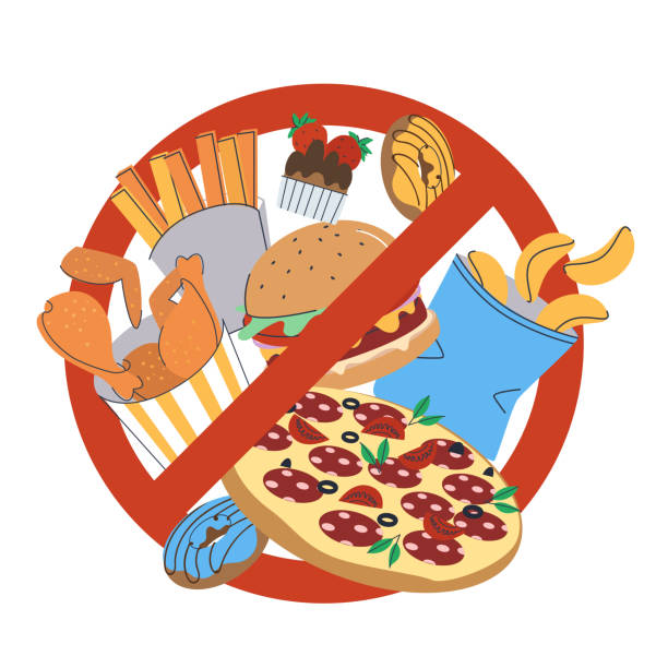 szybkie śmieciowe jedzenie jest oznaczone znakiem stop. zestaw fast foodów. płaska ilustracja wektorowa. - unhealthy eating stock illustrations