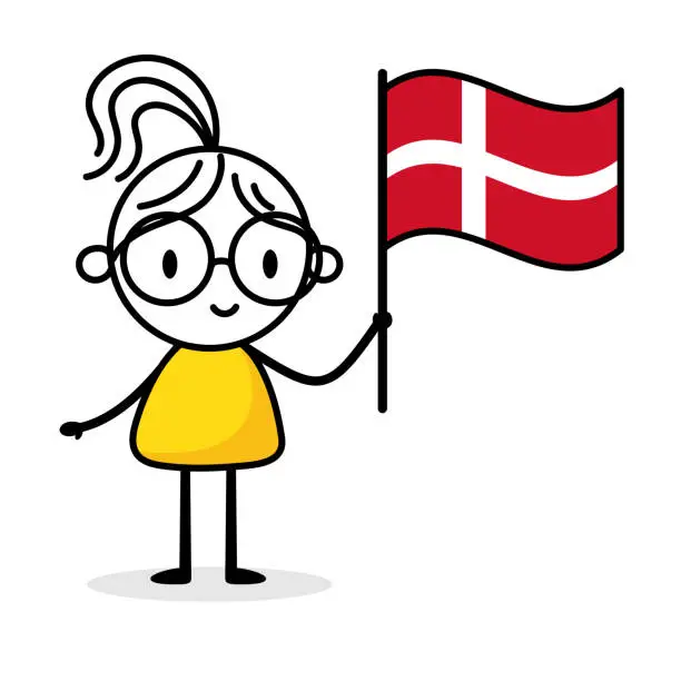 Vector illustration of Woman holding flag of Denmark isolated on white background. Hand drawn doodle line art man. Concept of country. Vector stock illustration